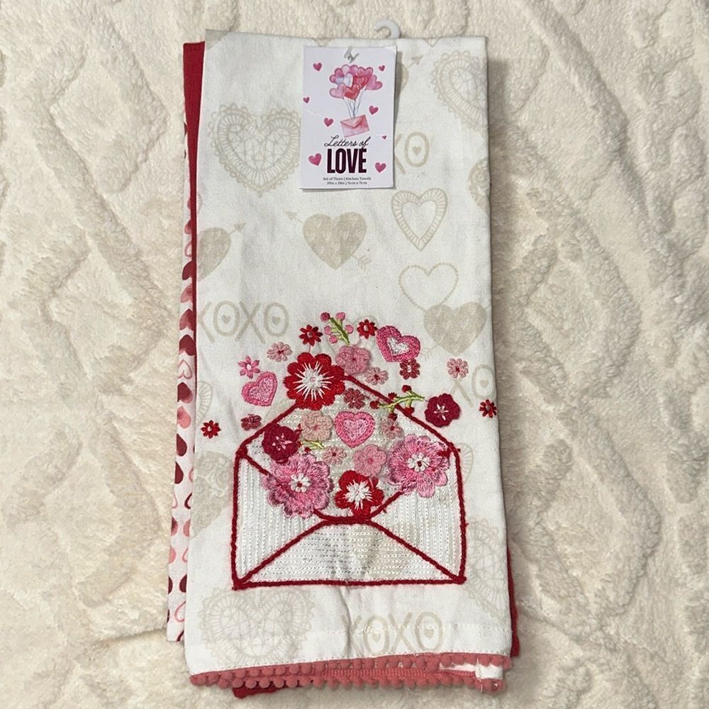 Letters of LOVE White Red XOXO Embroidered Cotton Blend Kitchen Towels set of 3